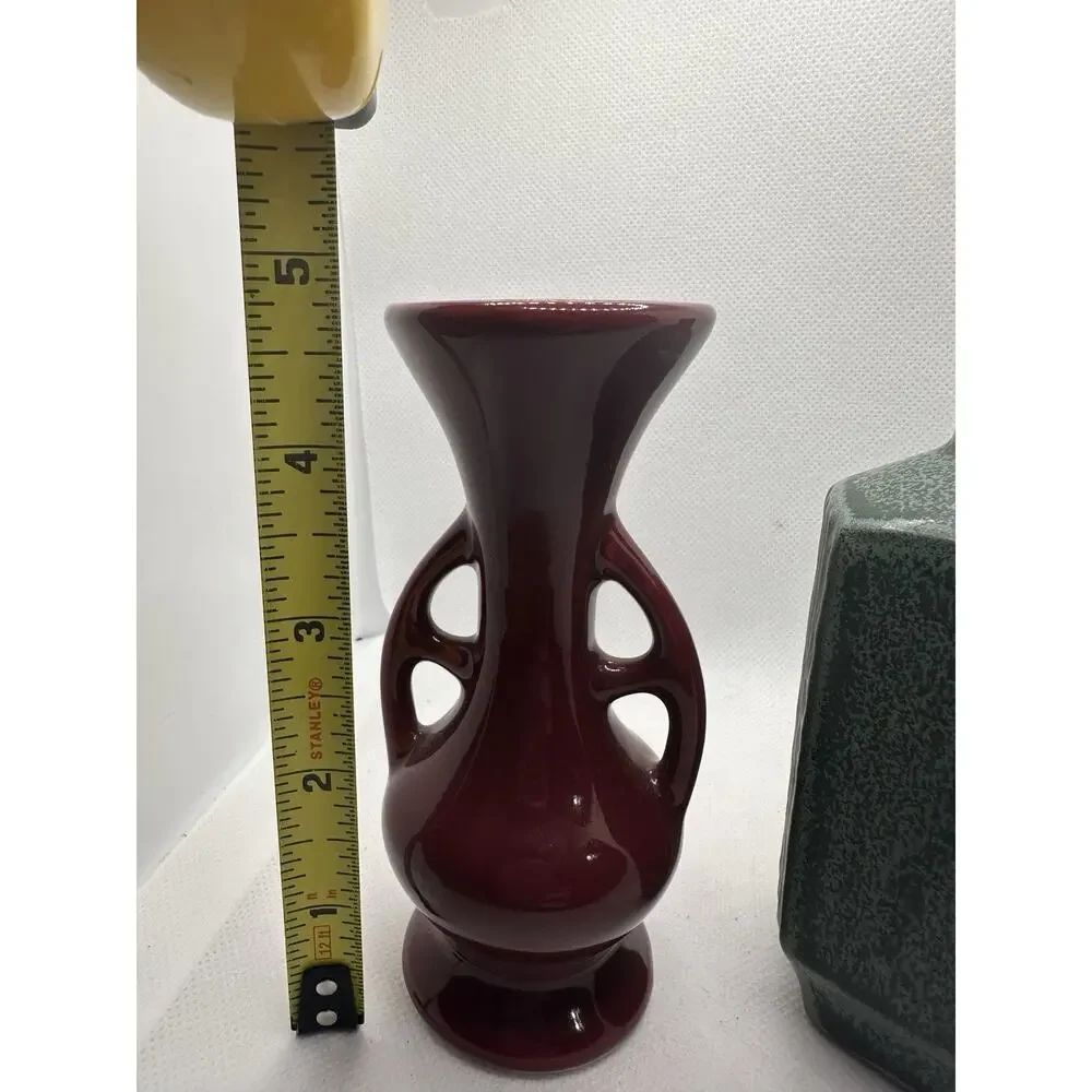 2 Small Vases Lot; 1 Maroon Amphora Style, 1 Green Japanese Sake Bottle/Bud Vase